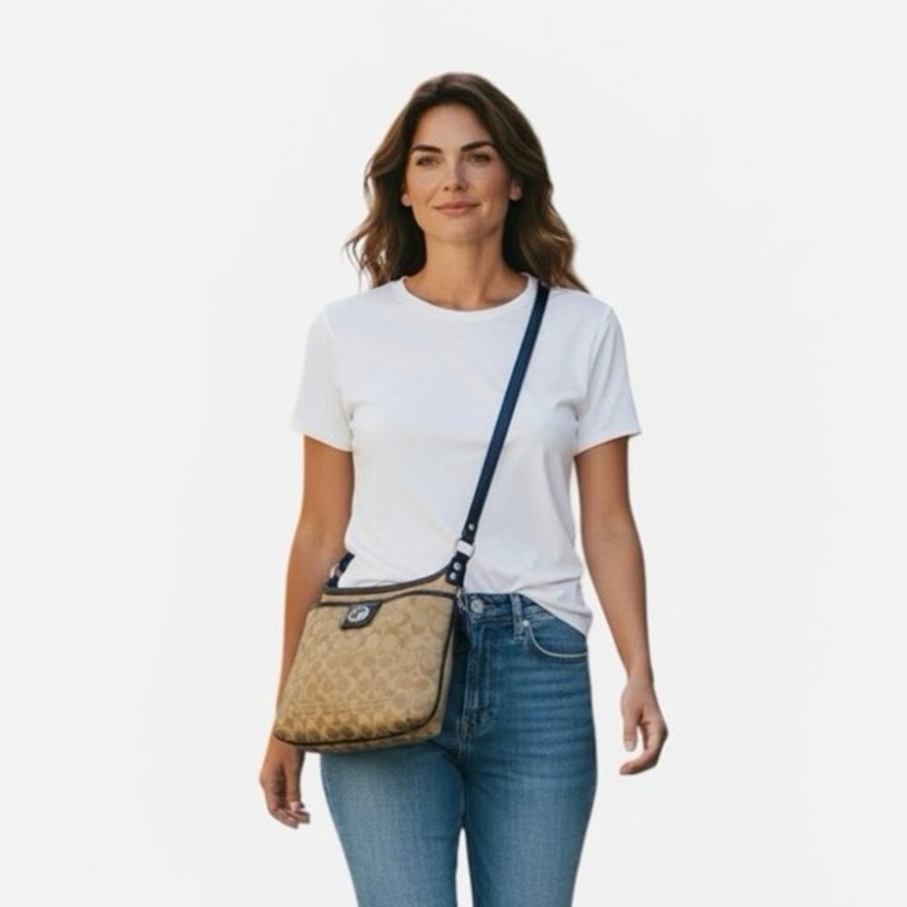Coach Penelope Signature Logo Khaki Sateen Blue F19259 Crossbody Shoulder Bag